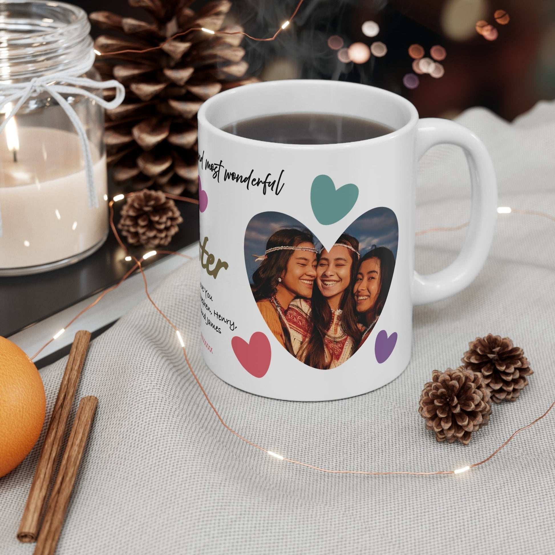 Printify Mug 11oz Personalised Sister Photo In Hearts Mug