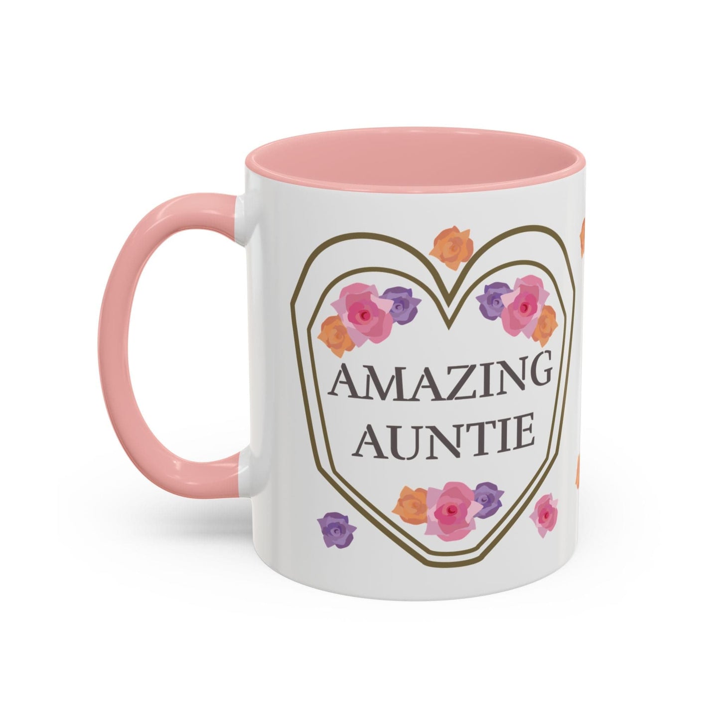 Printify Mug 11oz / Pink Mug - Personalised Amazing Auntie Floral With Accent Colours, Pink Orange Purple Flowers