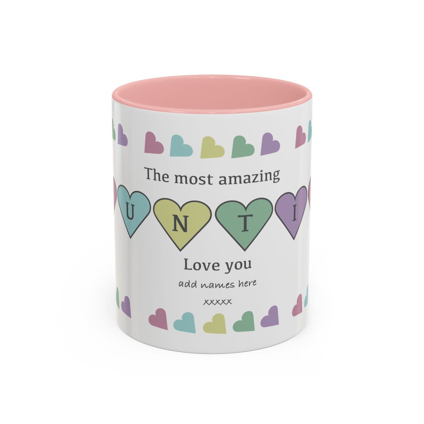 Printify Mug 11oz / Pink Mug - Personalised Amazing Auntie Heart Charms With Accent Colours, Pastels