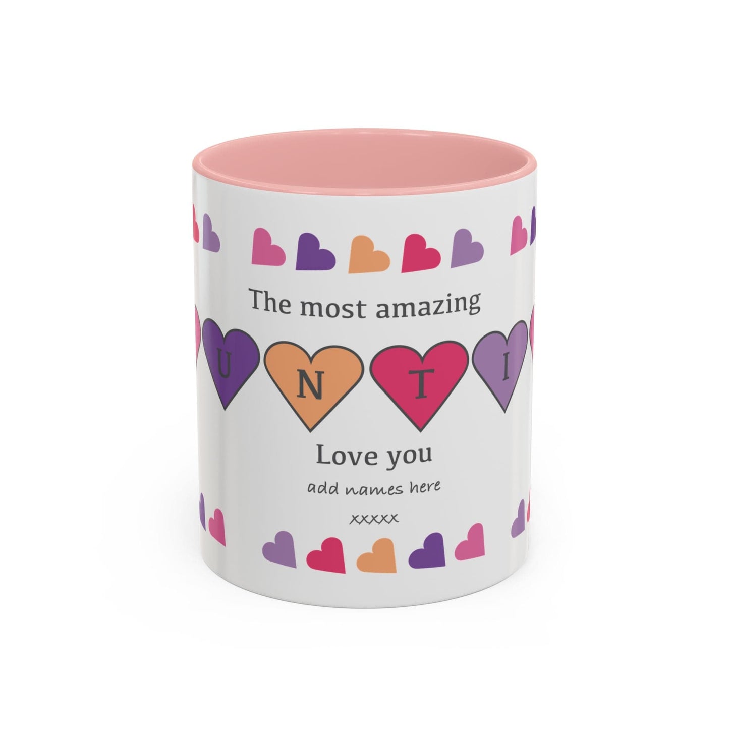 Printify Mug 11oz / Pink Mug - Personalised Amazing Auntie Heart Charms With Accent Colours, Pink, Purple And Orange