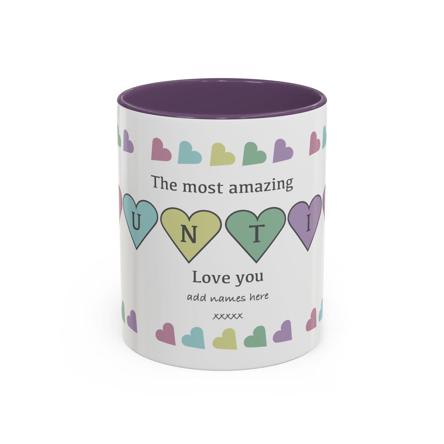 Printify Mug 11oz / Purple Mug - Personalised Amazing Auntie Heart Charms With Accent Colours, Pastels