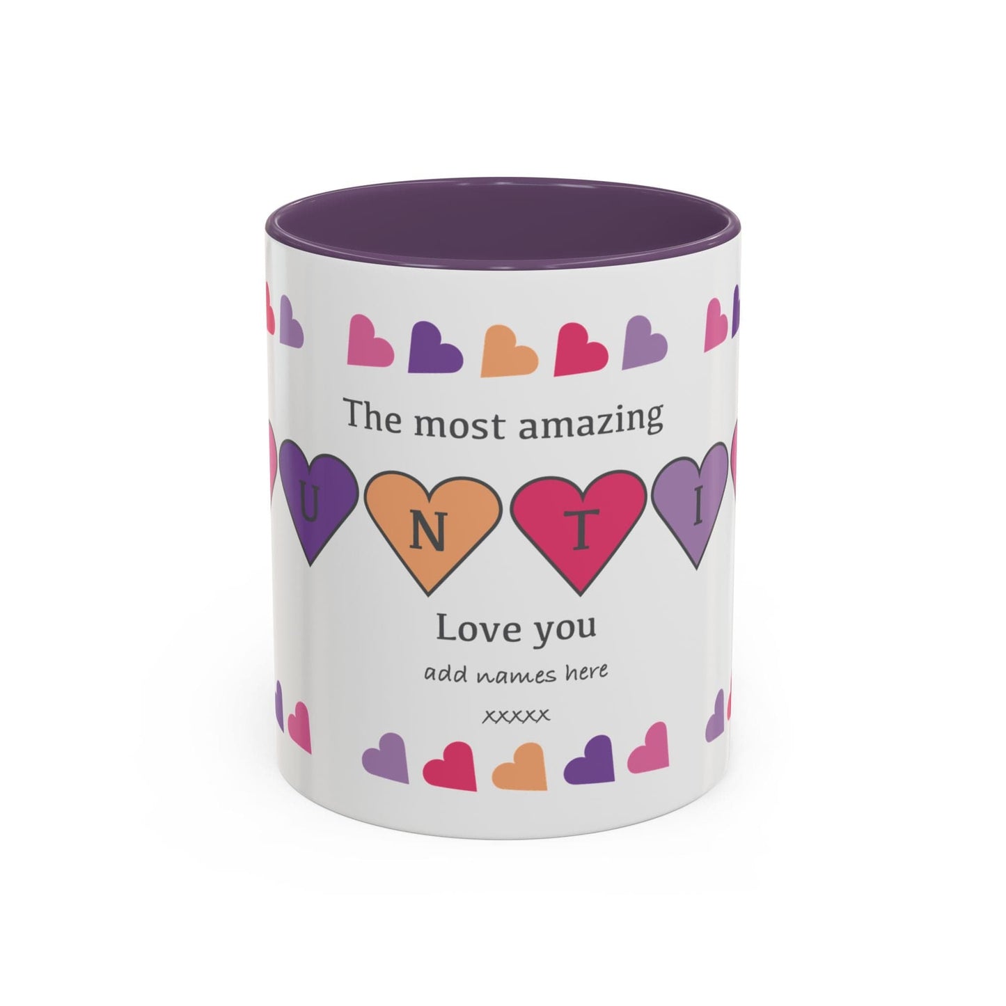 Printify Mug 11oz / Purple Mug - Personalised Amazing Auntie Heart Charms With Accent Colours, Pink, Purple And Orange