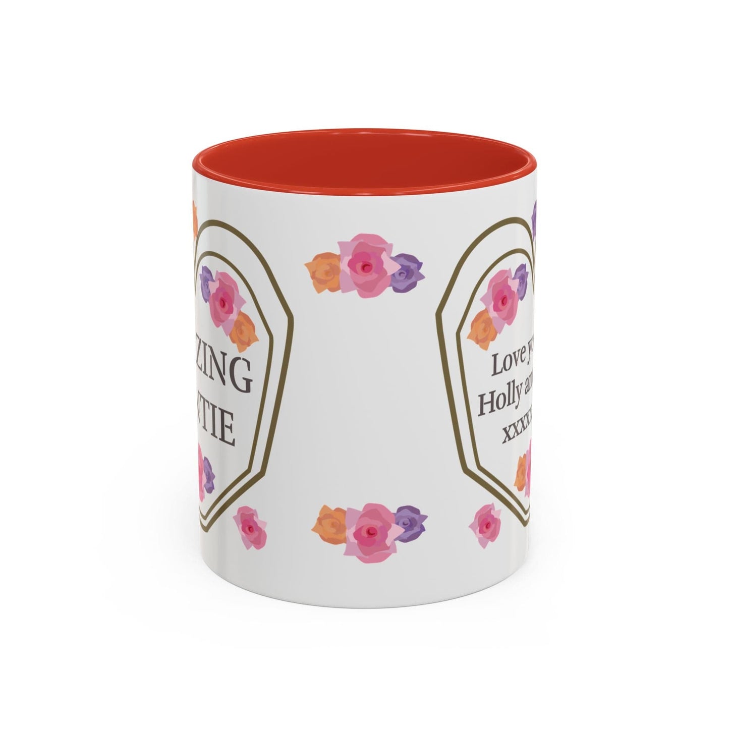 Printify Mug 11oz / Red Mug - Personalised Amazing Auntie Floral With Accent Colours, Pink Orange Purple Flowers