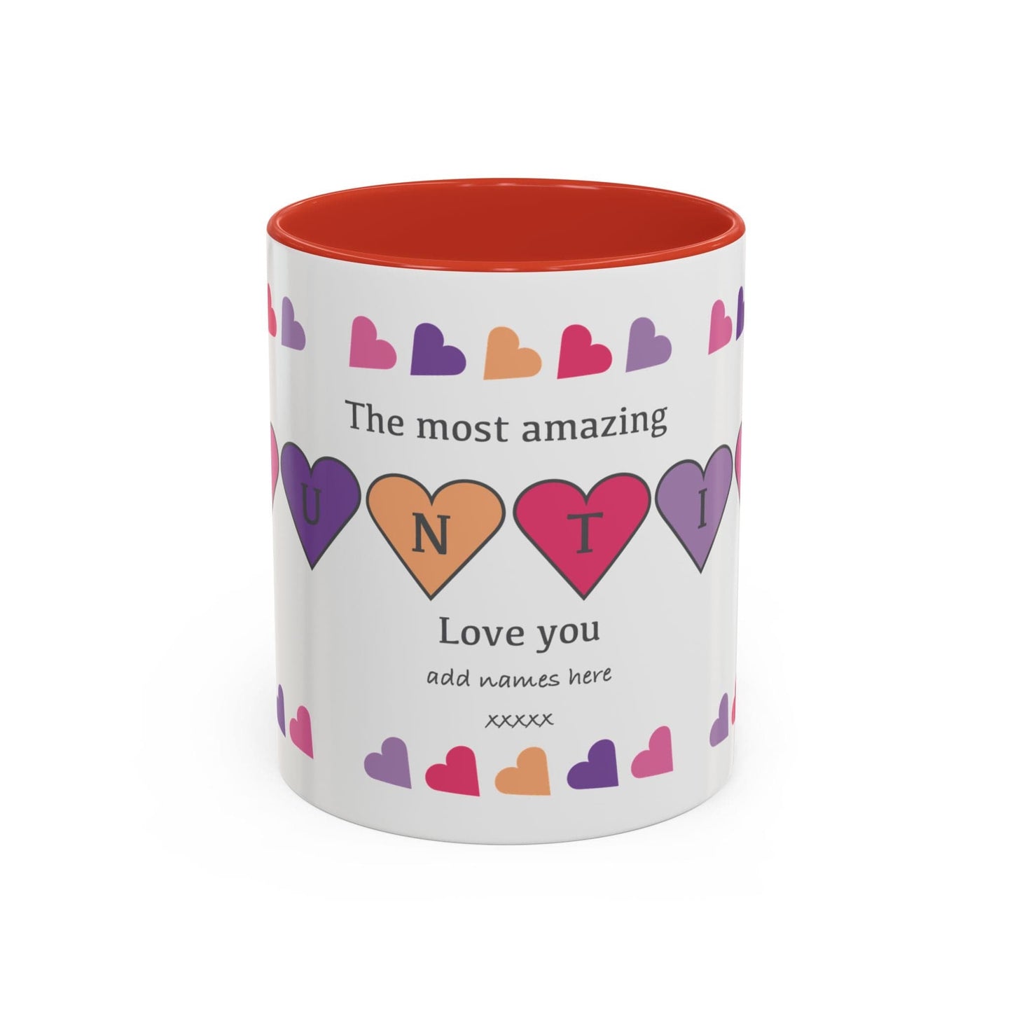 Printify Mug 11oz / Red Mug - Personalised Amazing Auntie Heart Charms With Accent Colours, Pink, Purple And Orange