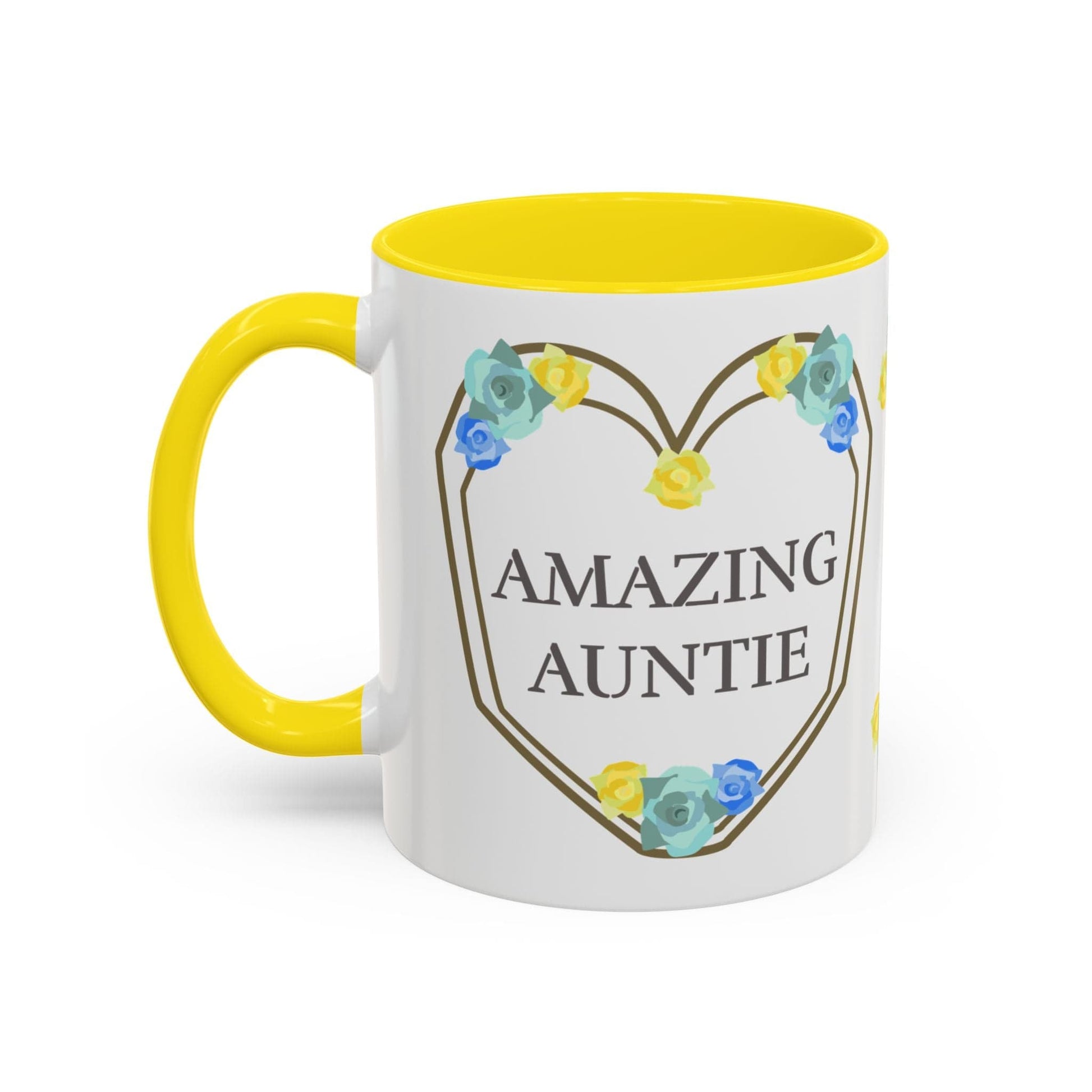 Printify Mug Mug - Personalised Amazing Auntie Floral With Accent Colours, Blue Green Yellow Flowers
