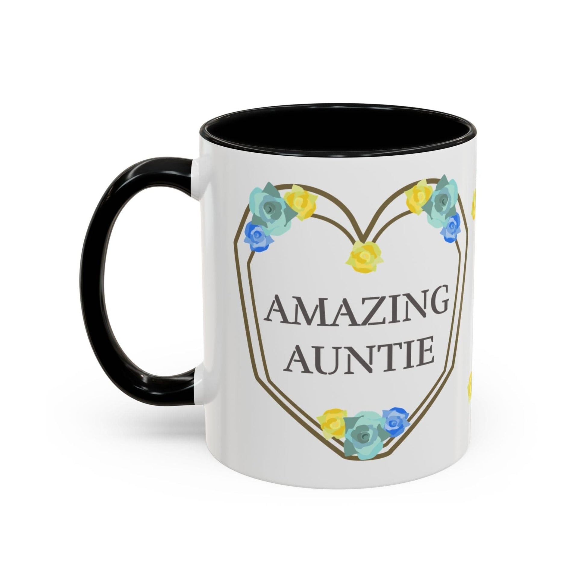 Printify Mug Mug - Personalised Amazing Auntie Floral With Accent Colours, Blue Green Yellow Flowers