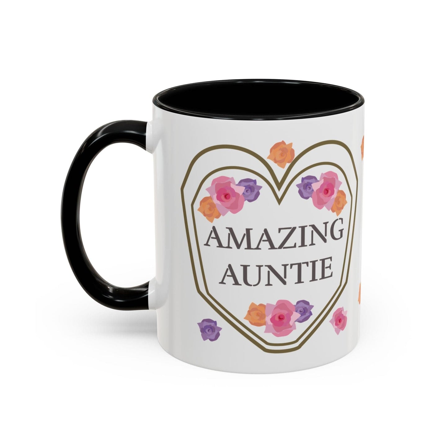 Printify Mug Mug - Personalised Amazing Auntie Floral With Accent Colours, Pink Orange Purple Flowers