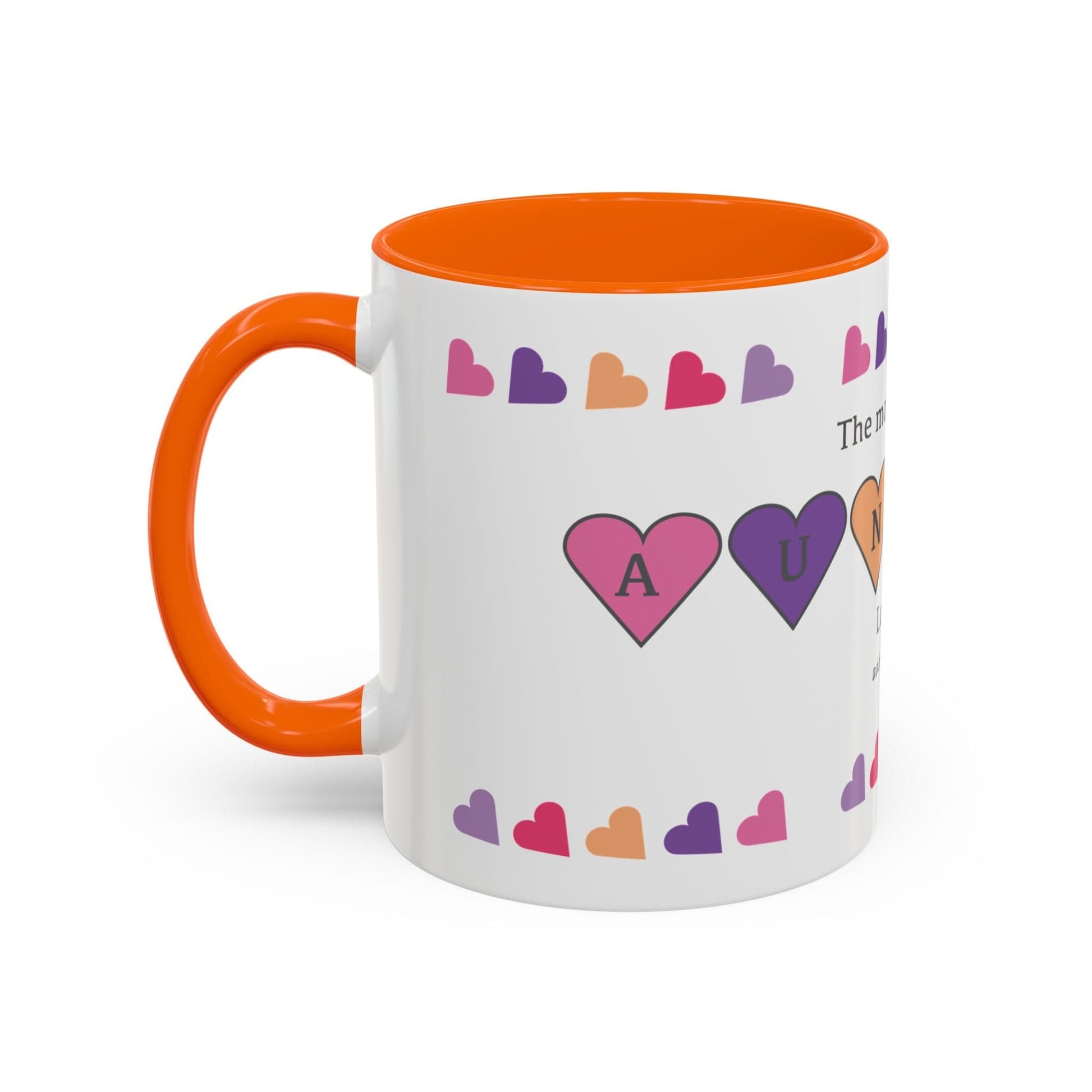 Printify Mug Mug - Personalised Amazing Auntie Heart Charms With Accent Colours, Pink, Purple And Orange