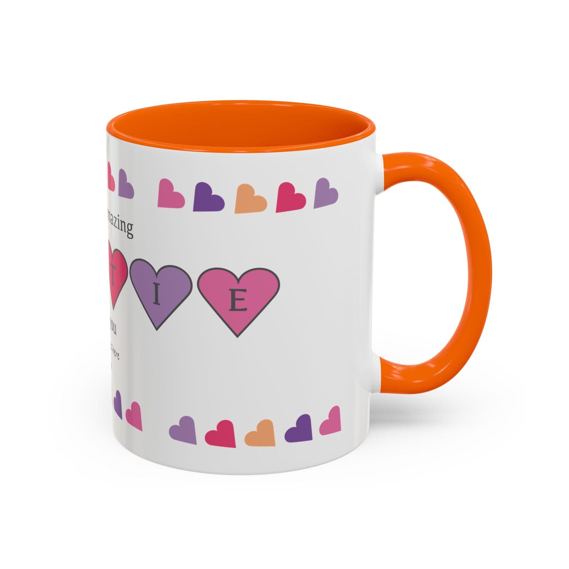 Printify Mug Mug - Personalised Amazing Auntie Heart Charms With Accent Colours, Pink, Purple And Orange