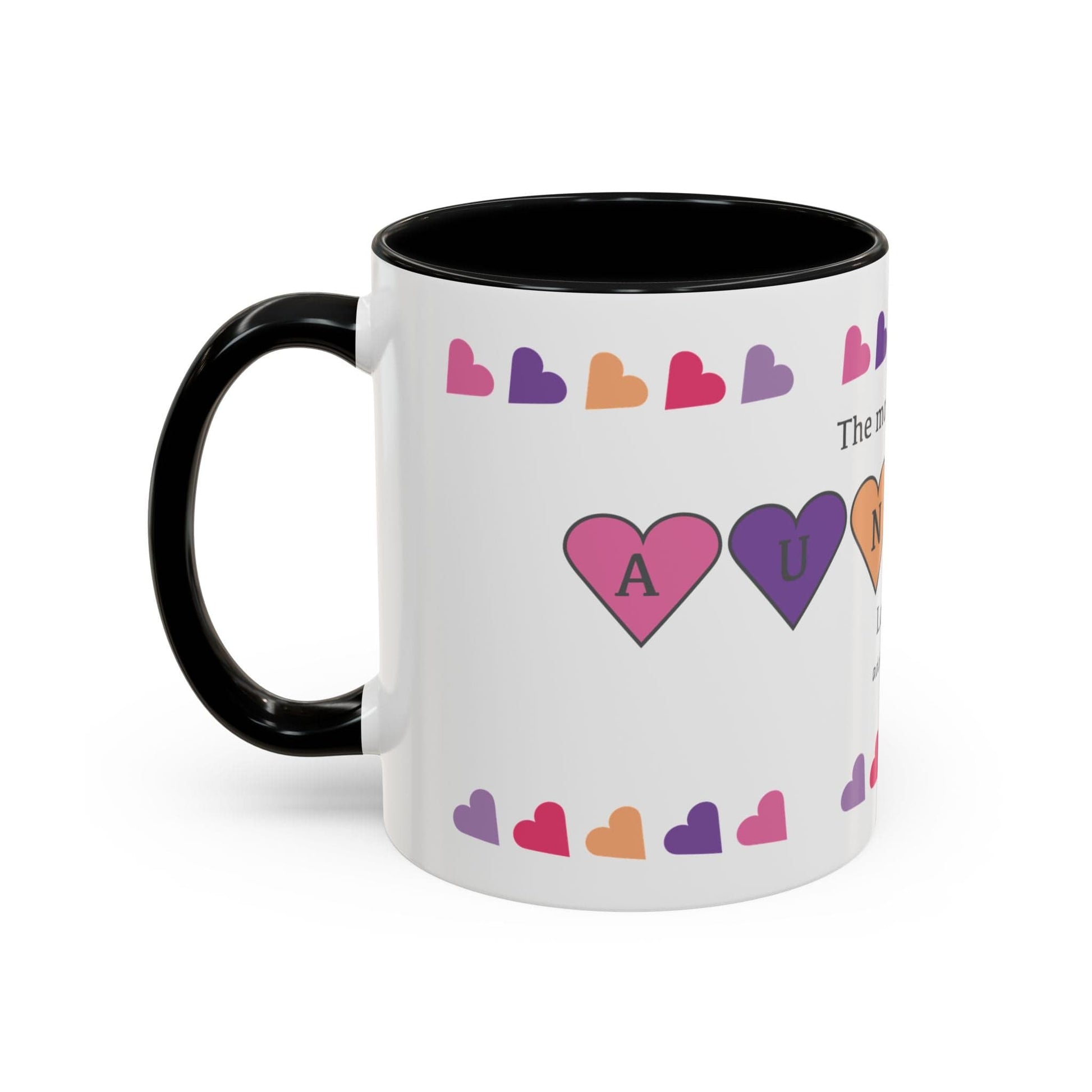 Printify Mug Mug - Personalised Amazing Auntie Heart Charms With Accent Colours, Pink, Purple And Orange