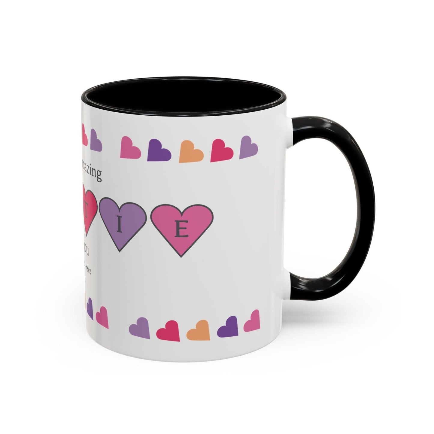 Printify Mug Mug - Personalised Amazing Auntie Heart Charms With Accent Colours, Pink, Purple And Orange