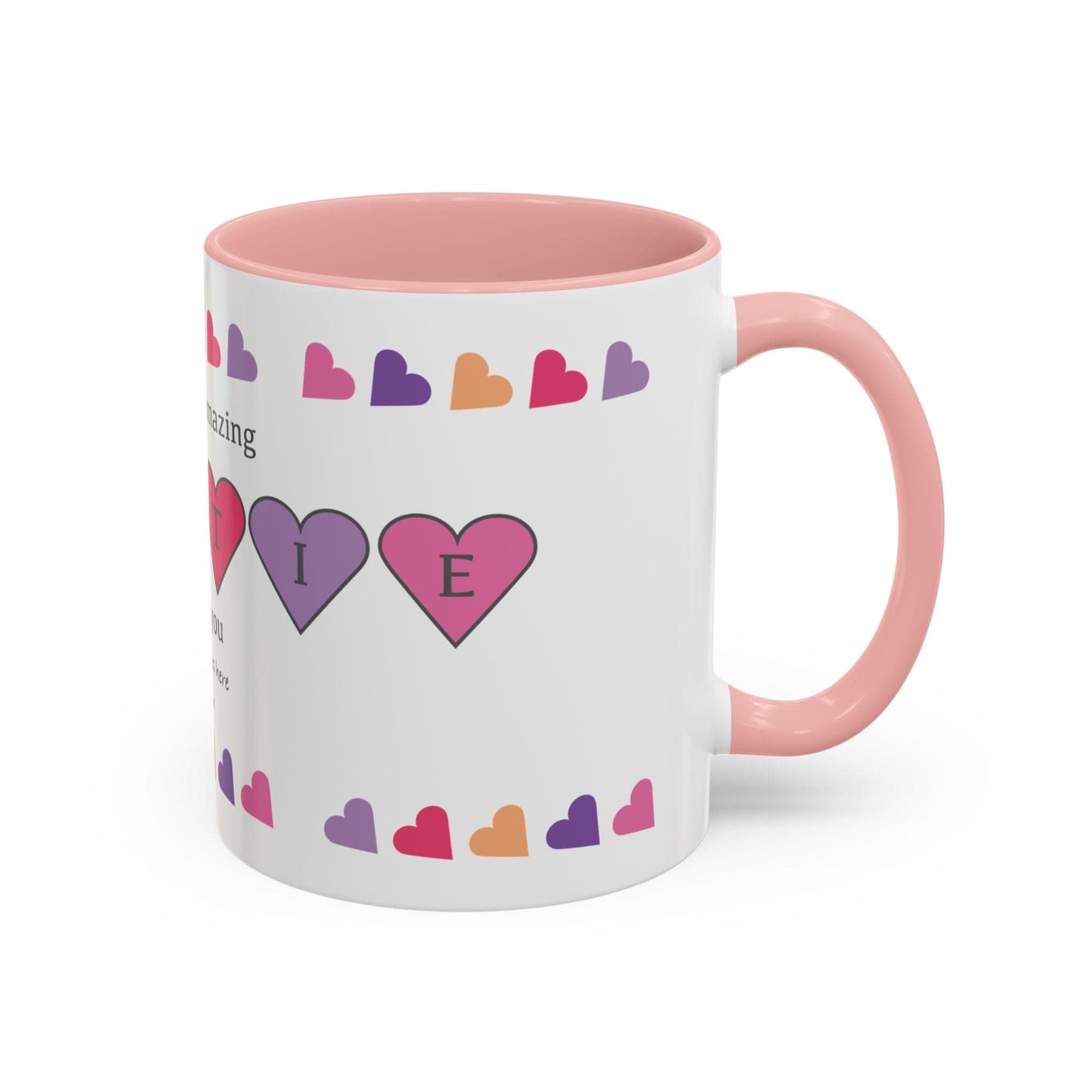 Printify Mug Mug - Personalised Amazing Auntie Heart Charms With Accent Colours, Pink, Purple And Orange