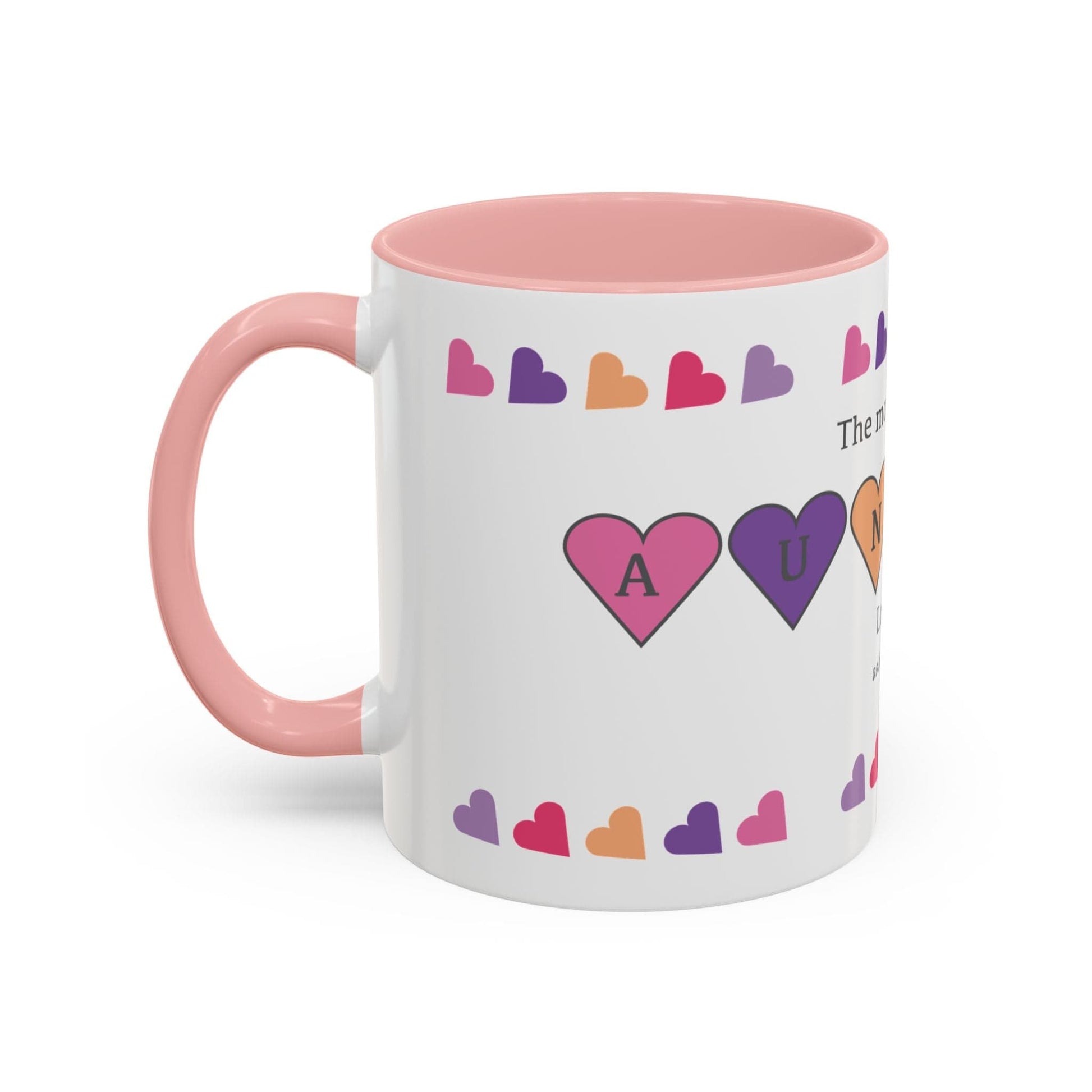 Printify Mug Mug - Personalised Amazing Auntie Heart Charms With Accent Colours, Pink, Purple And Orange