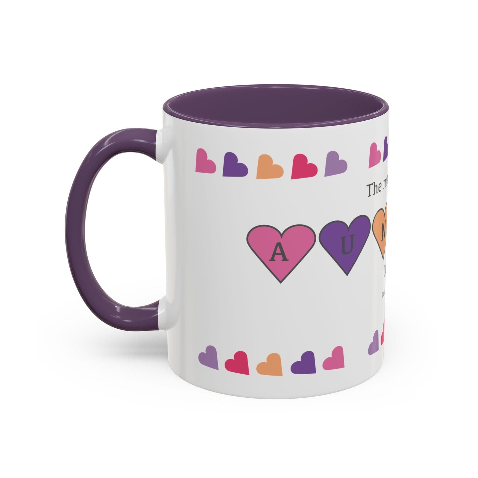 Printify Mug Mug - Personalised Amazing Auntie Heart Charms With Accent Colours, Pink, Purple And Orange
