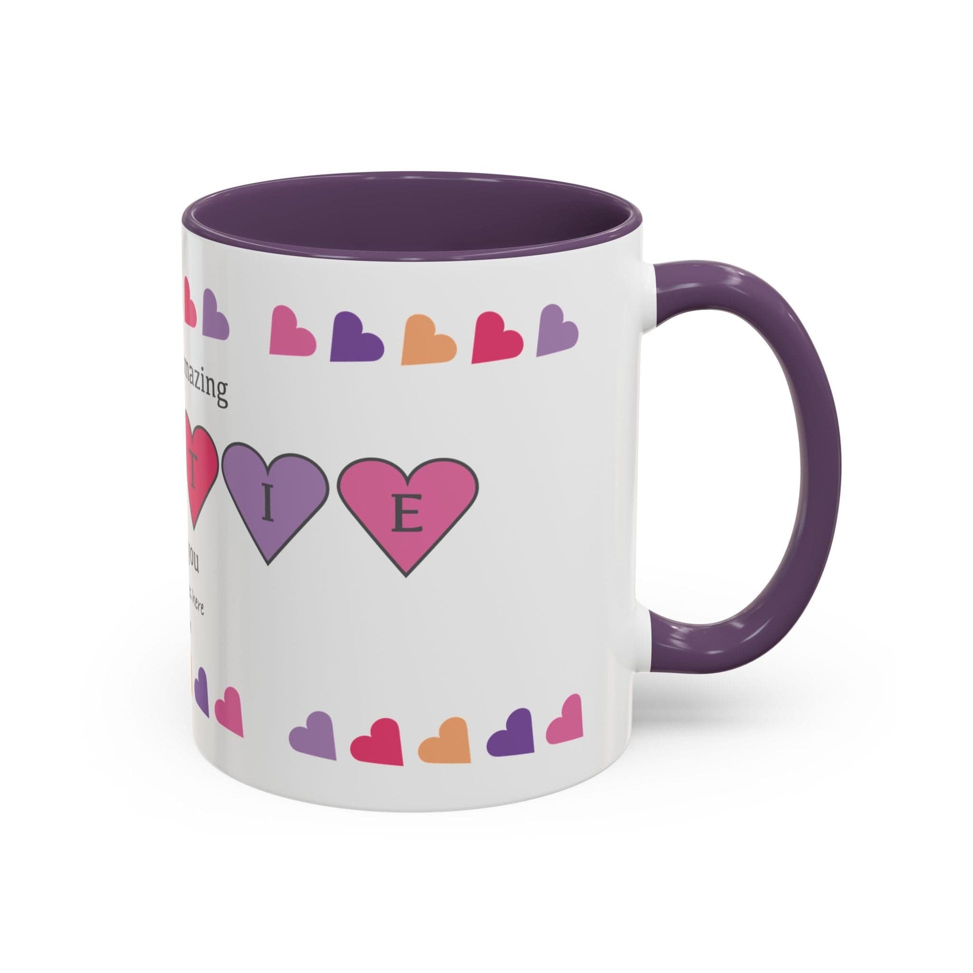 Printify Mug Mug - Personalised Amazing Auntie Heart Charms With Accent Colours, Pink, Purple And Orange
